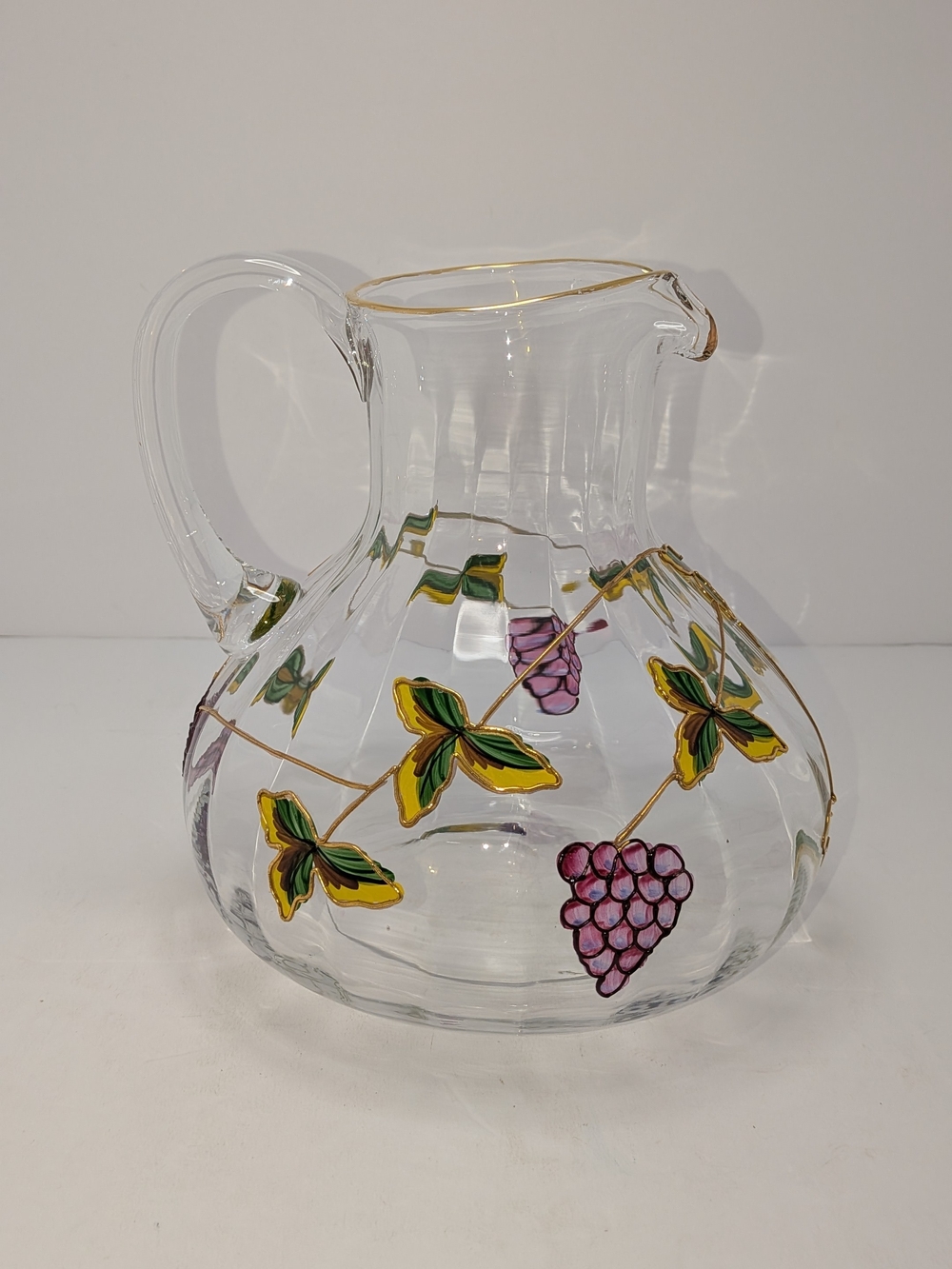 VTG Romanian Crystal Clear Pitcher Venetian Fruit Hand Painted 22K Gold Trim